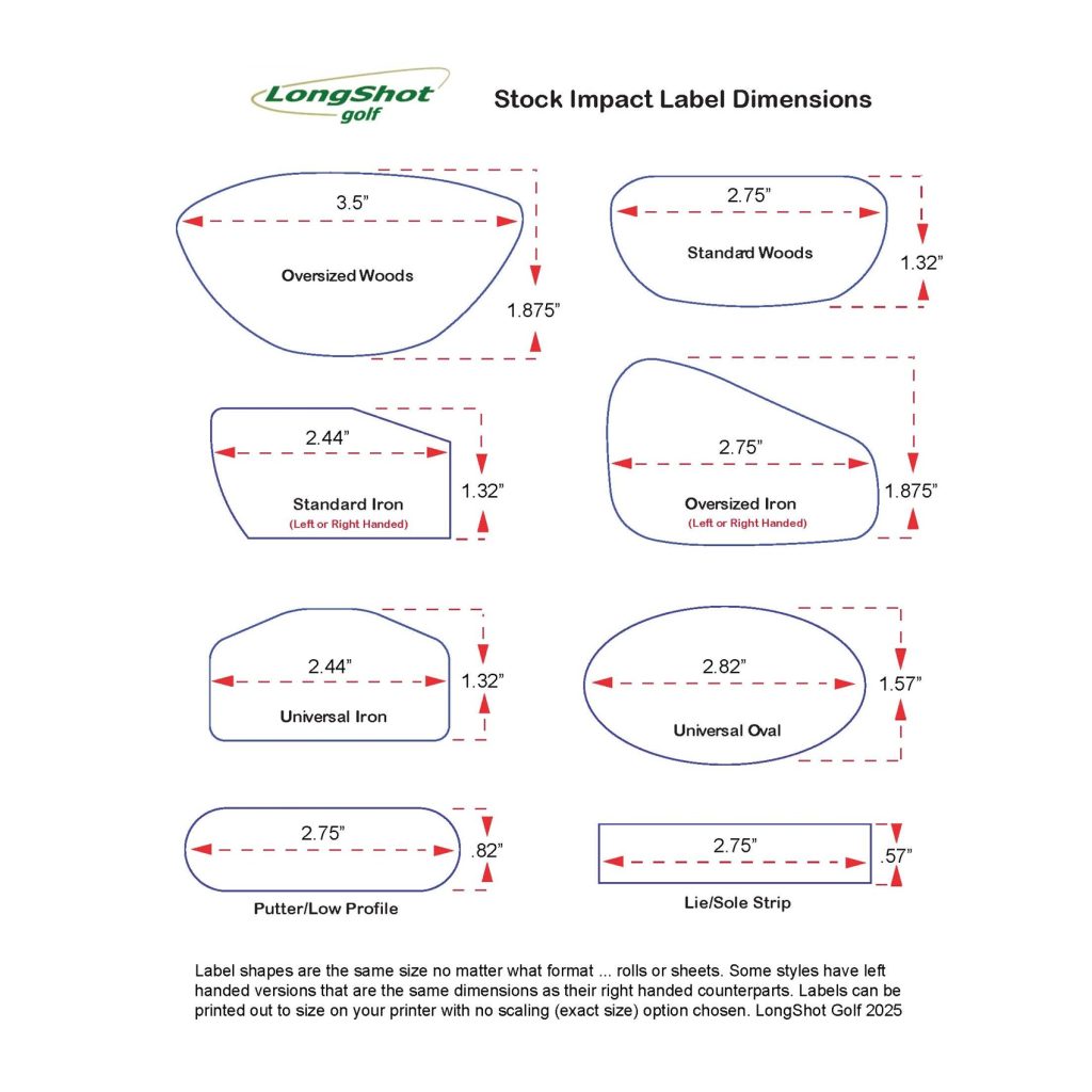 LongShot Golf® Impact Labels Dimensions Sheet